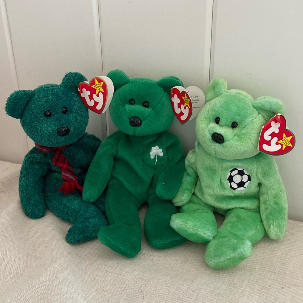 90s green ty Bear beanie babies Erin Irish Bear Kicks Soccer Wallace Scottish